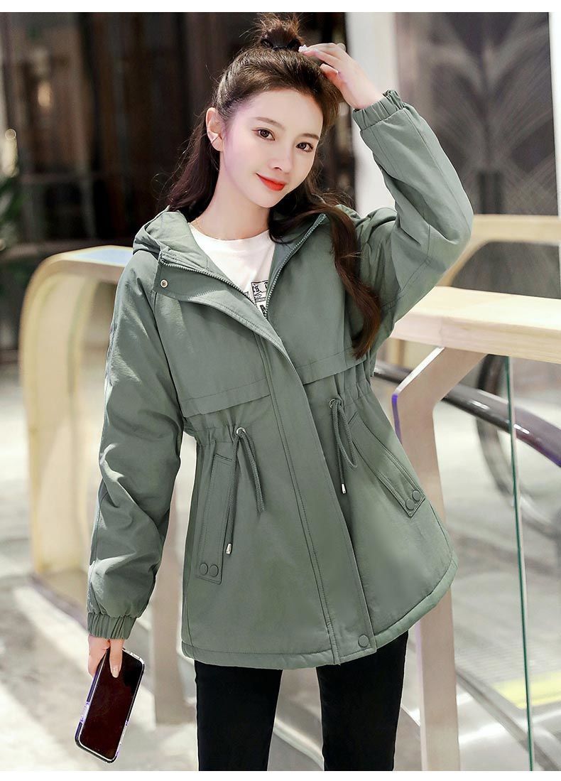 加绒加厚中长款风衣女2022新款韩版百搭小个子宽松连帽棉服外套女详情18