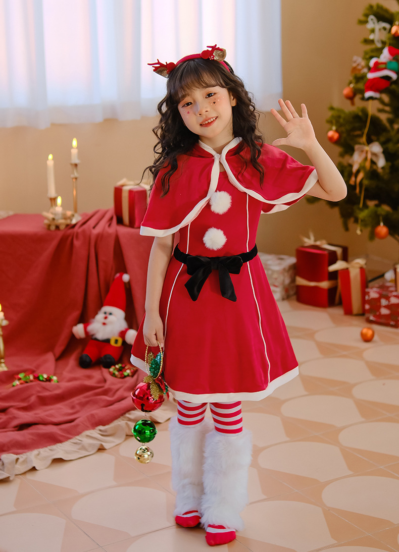 圣诞节儿童服装女童披肩斗篷连衣裙红色裙子派对装扮服饰圣诞老人详情9