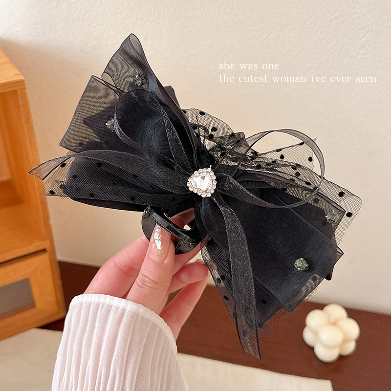 Summer new double-sided feather mesh bow clip, sequined princess on the run hair clip, black lace shark clip pic 2