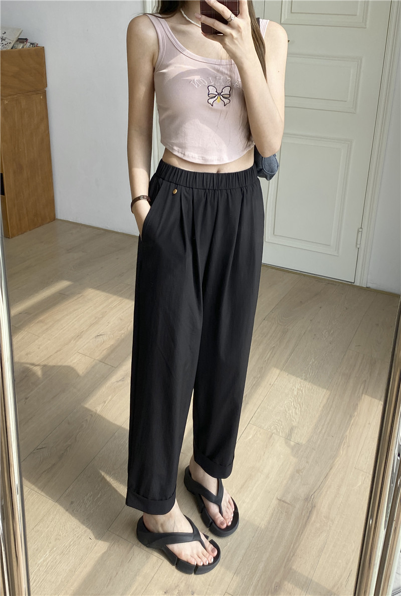 日系休闲裤子女夏薄款高腰显瘦遮肉阔腿直筒哈伦裤女速干裤九分裤详情19