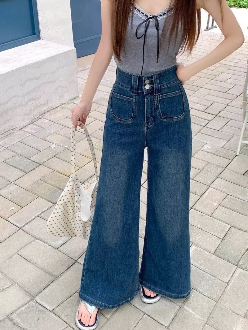 2024春秋季新款蓝色高腰宽松牛仔裤女时尚爆款设计感阔腿直筒长裤详情11