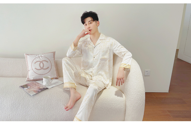 2023春季新款情侣睡衣女印花冰丝长袖长裤套装可外穿男士家居服夏详情10