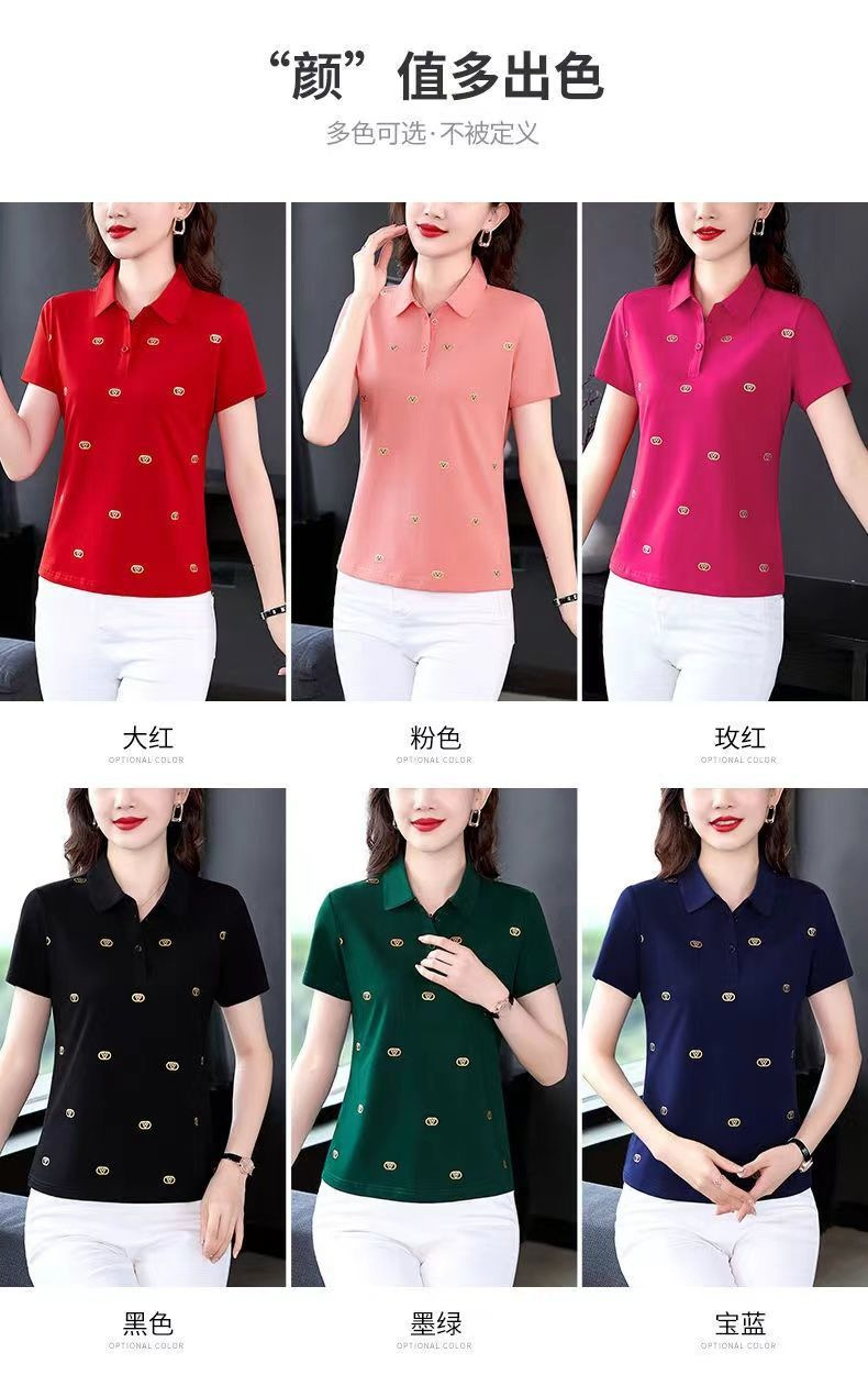 跨境翻领休闲短袖t恤女士夏新款polo衫减龄妈妈高档宽松显瘦体恤详情5
