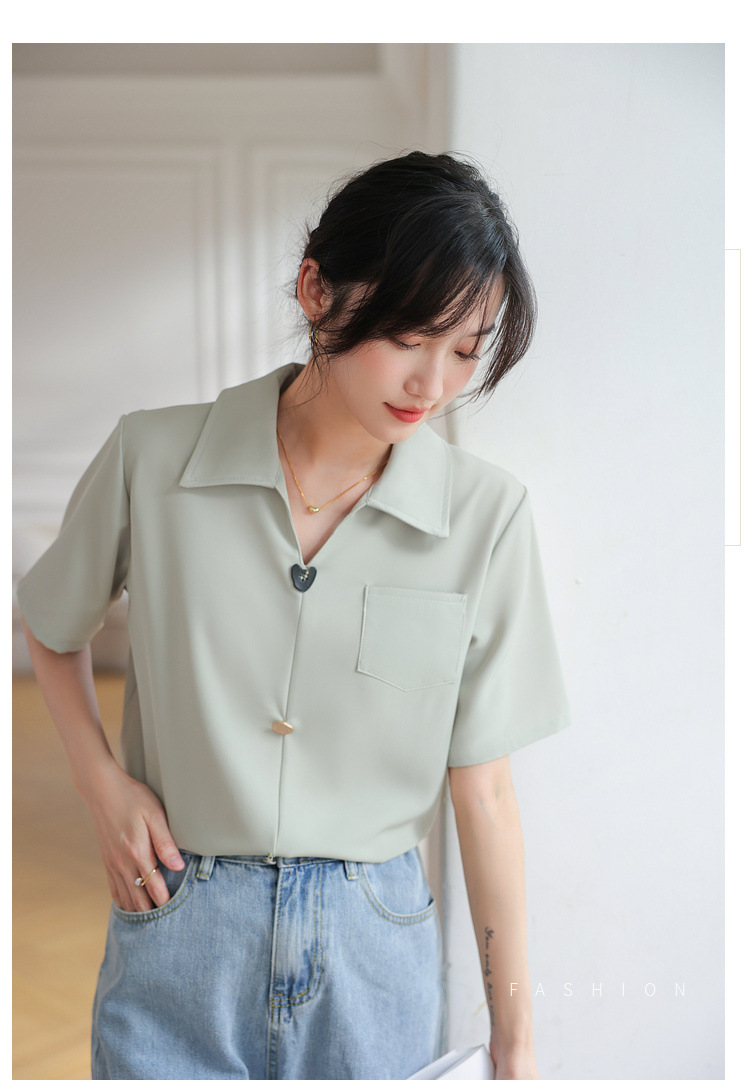 法式v领雪纺短袖衬衫夏季上衣设计感小众女式休闲风通勤气质衬衣详情25