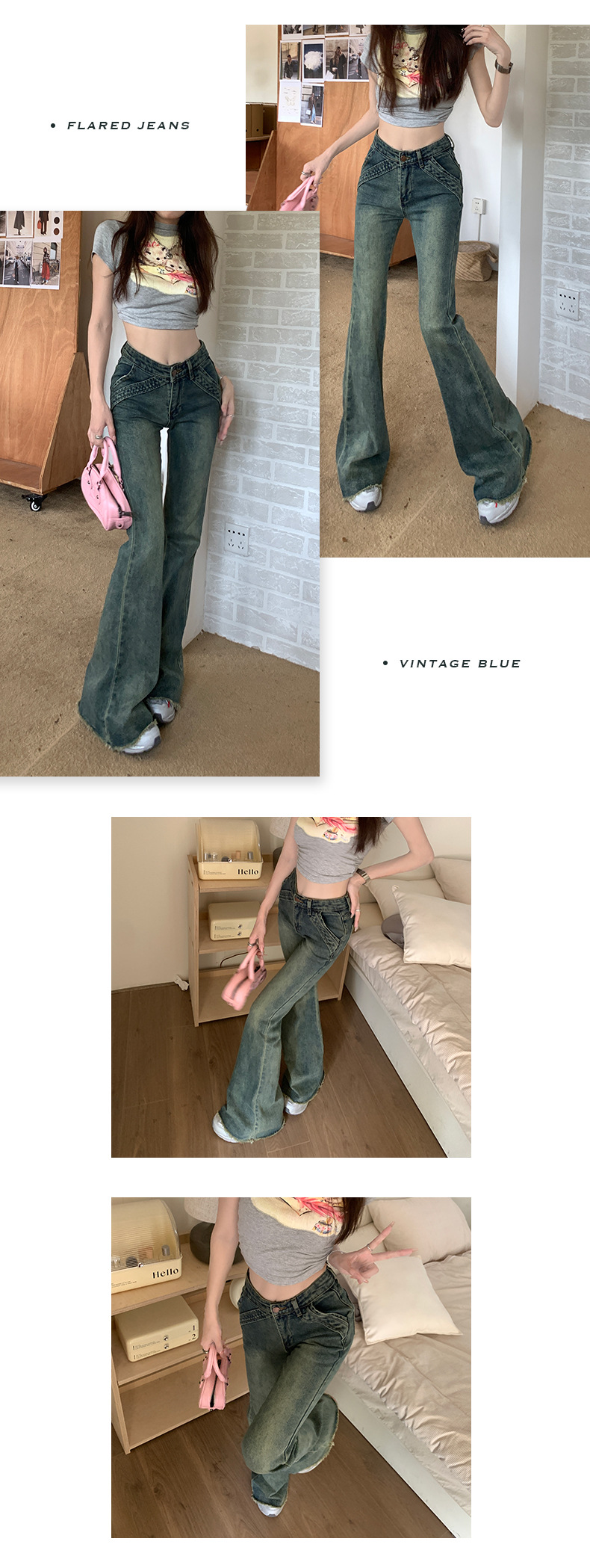 美式复古辣妹低腰微喇叭牛仔裤女秋新款水洗毛边弹力修身显瘦长裤详情13