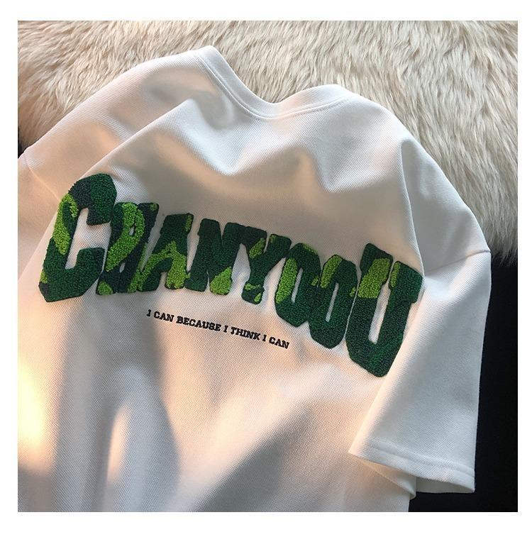 American retro 2022 early spring new collection: Loose couple round-neck white short-sleeved T-shirt with towel embroidery, trendy for women on Instagram pic 8