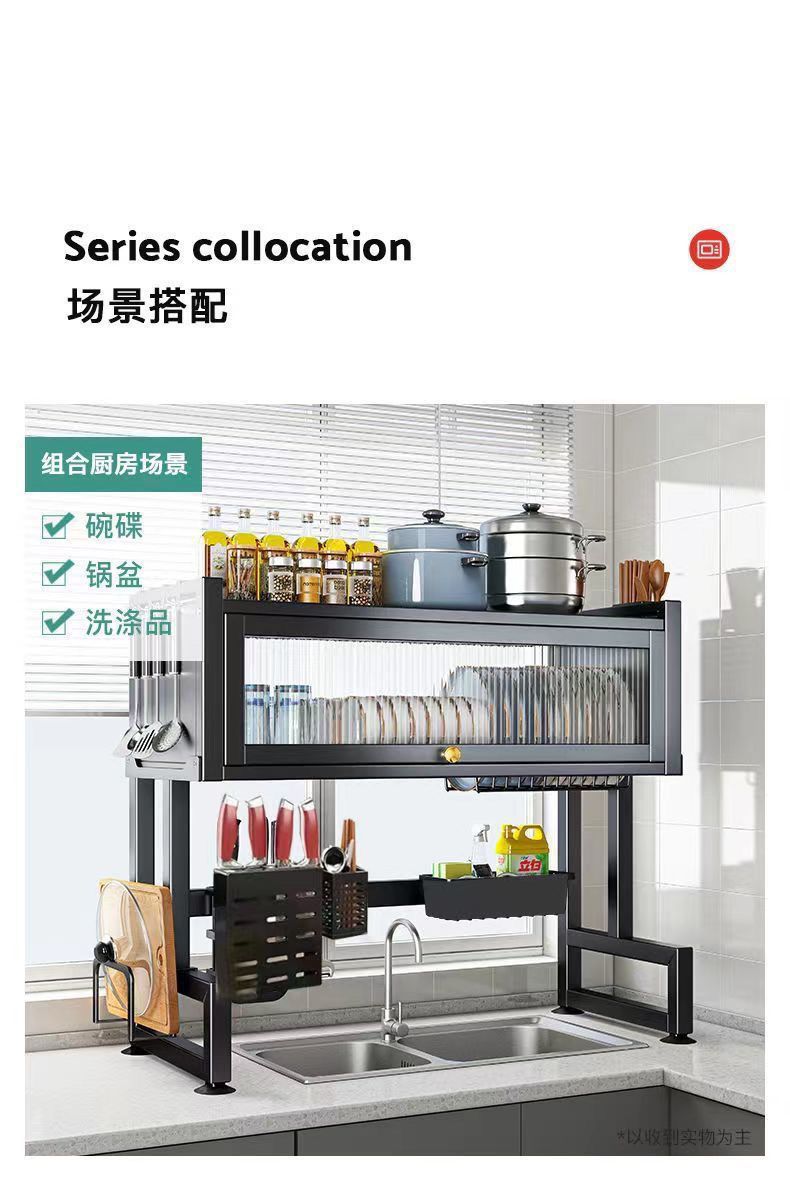 Kitchen sink storage rack, household dishes, sink, bowl cabinet, multi-functional dust-proof with cabinet door, dish storage, draining rack pic 5