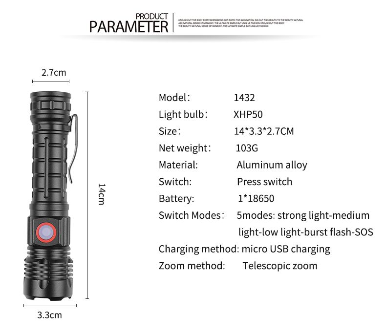 跨境新品XHP50轻便小巧带笔夹变焦强光手电筒 户外便携充电手电筒详情3