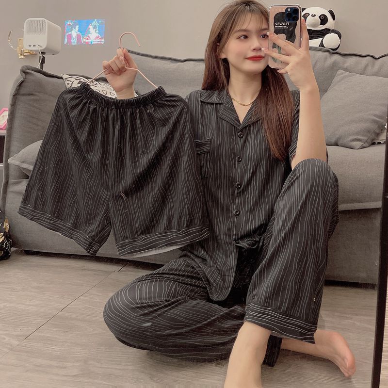 20款直播短袖开衫仿棉INS夏季情侣睡衣居家休闲宽松家居服三件套详情21