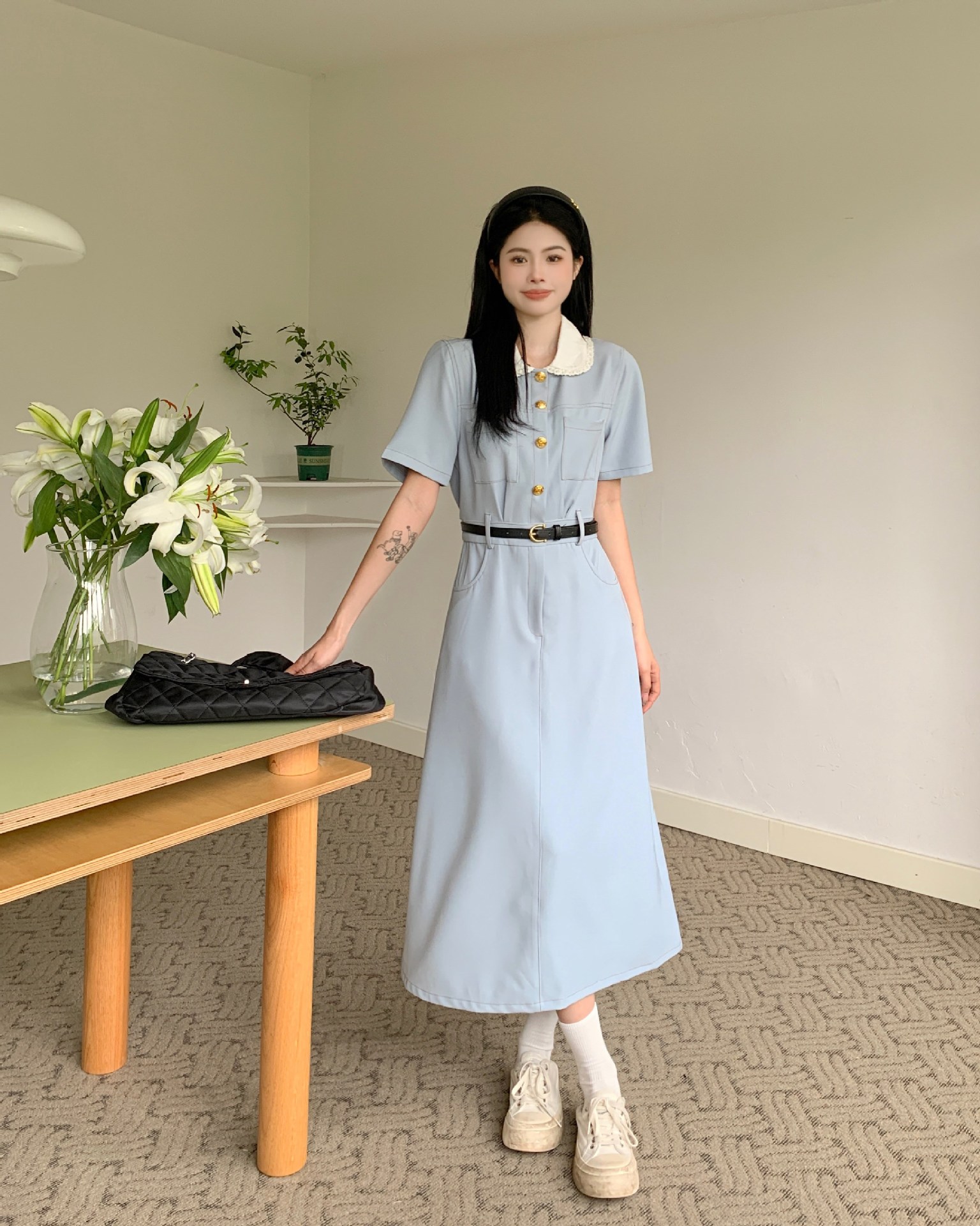 大码女装胖mm百搭娃娃领连衣裙2023夏季新款休闲收腰韩版高级裙子详情11