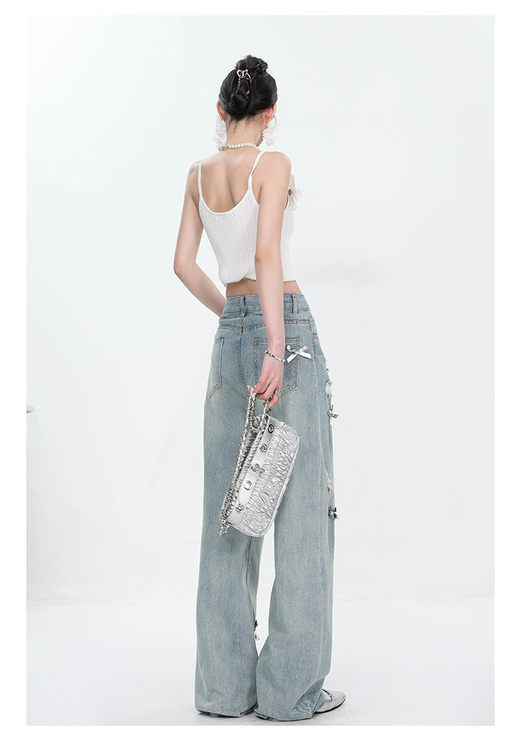 Large-sized retro three-dimensional bow ripped jeans for women with a summer design sense, high-waisted straight-leg loose wide-leg pants pic 21
