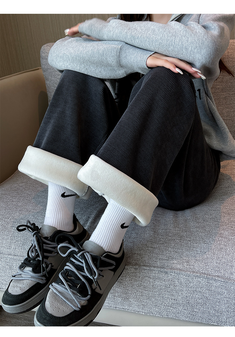 秋冬新款欧棉绒阔腿裤女高腰显瘦宽松抽绳百搭直筒垂感口袋休闲裤详情30