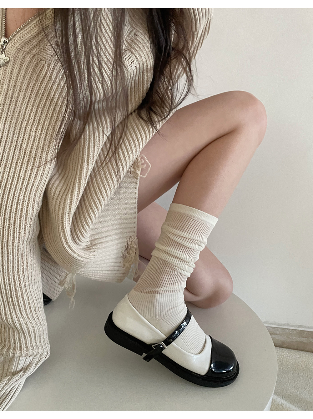 春夏款拼接针织堆堆袜女奶白色miu风ins潮袜走秀款薄透小腿袜子详情5