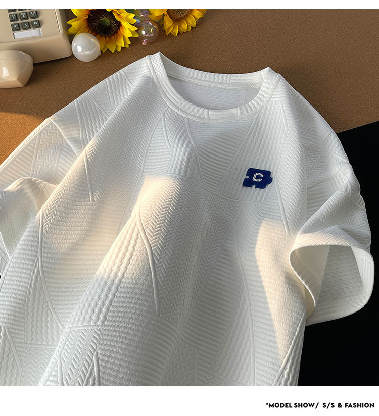 控48 夏港风重磅高克重圆领短袖华夫格男T恤休闲百搭小清晰详情7