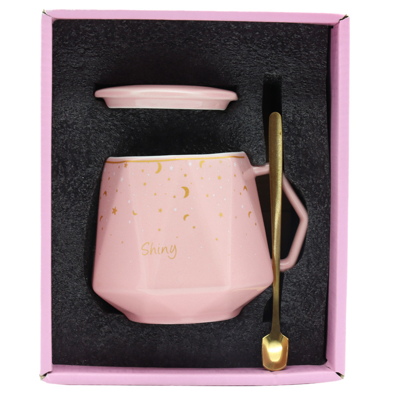 Hot-selling creative ceramic diamond starry sky cup mug, personalized handle with lid spoon set cup, Nordic ins style gold-plated large capacity breakfast cup, personal business gift cup, hand-held small gift box, guest logo available pic 10