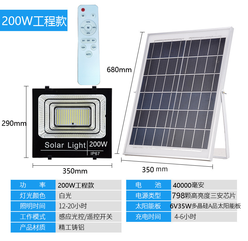led庭院灯太阳能投光灯60W户外路灯100W花园壁灯光感应广场灯200W详情28
