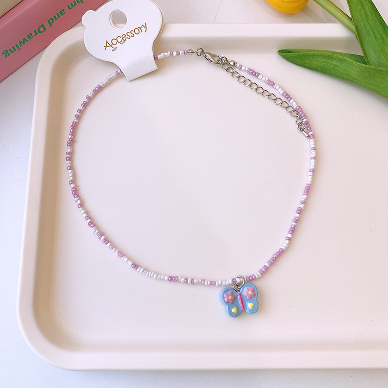 日韩彩色串珠项链童趣卡通可爱儿童蝴蝶爱心锁骨链多巴胺少女饰品详情19