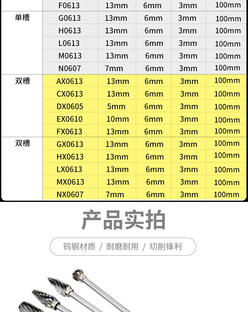 钨钢磨头加长柄 硬质合金旋转锉钨钢铣刀金属打磨头3mm*6*100套装详情9
