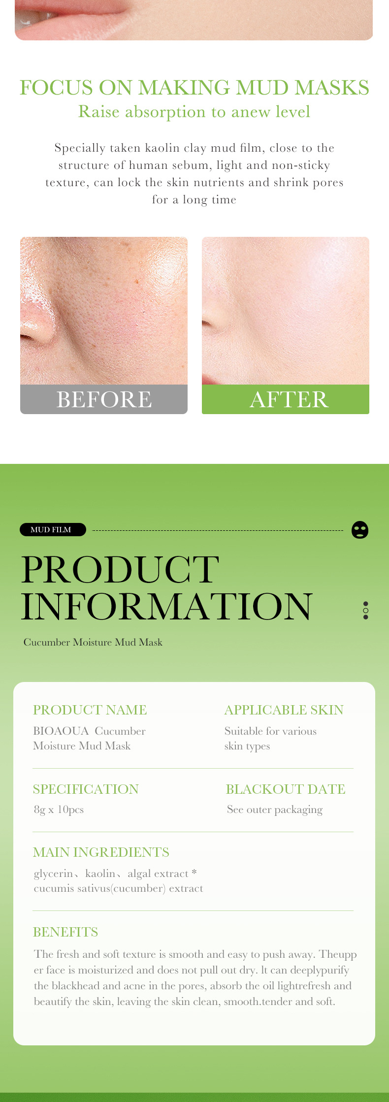 The all-English BIOAOUA Cucumber Moisturizing Mud Mask cleanses pores and improves blackheads. It is an export-oriented cross-border mask exclusively for export pic 41
