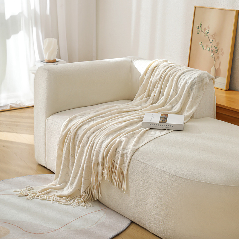 Ins-style soft solid-color acrylic warp knitted jacquard checkered blanket sample room homestay decoration camping blanket pic 17