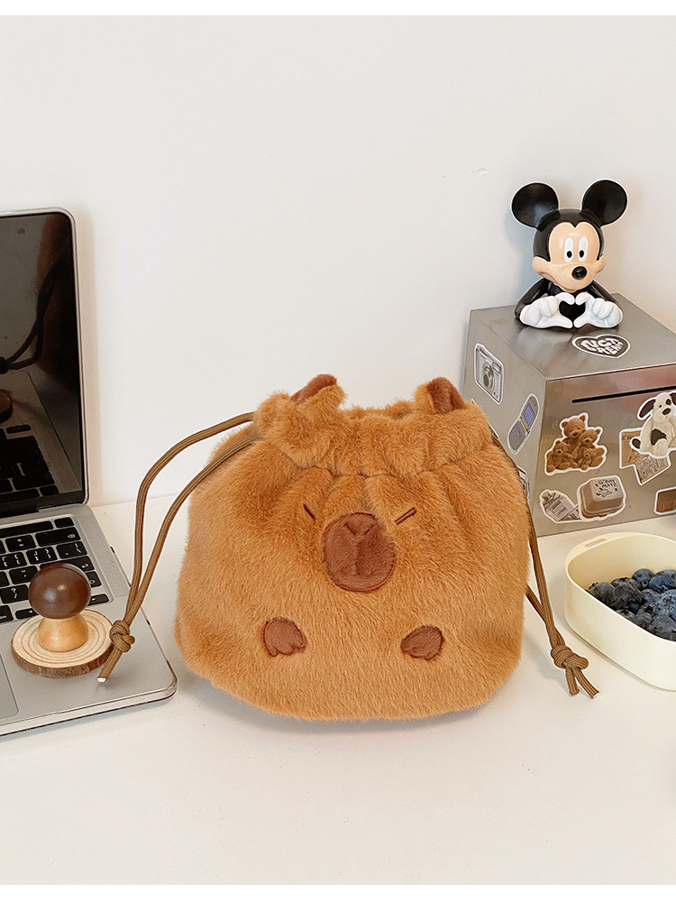 ✅ Cute plush kapibara drawstring pocket travel cosmetics camera polaroid storage bag hand pic 9