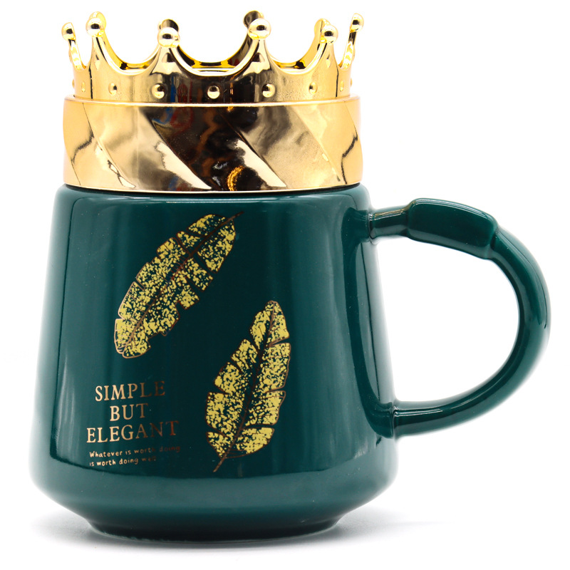 Hot-selling creative golden mirror crown ceramic mug with lid spoon large capacity water cup set, fashionable and exquisite hand-held gift box cup, personal business gift, home and office personalized cup, supports visiting logo factory direct supply pic 1