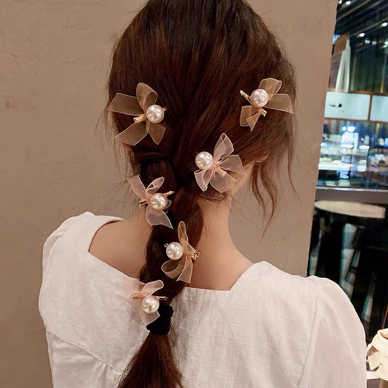 Romantic mesh bow pearl hair clip, sweet and versatile, bangs clip, girlish heart small clip, side clip hair accessory pic 3