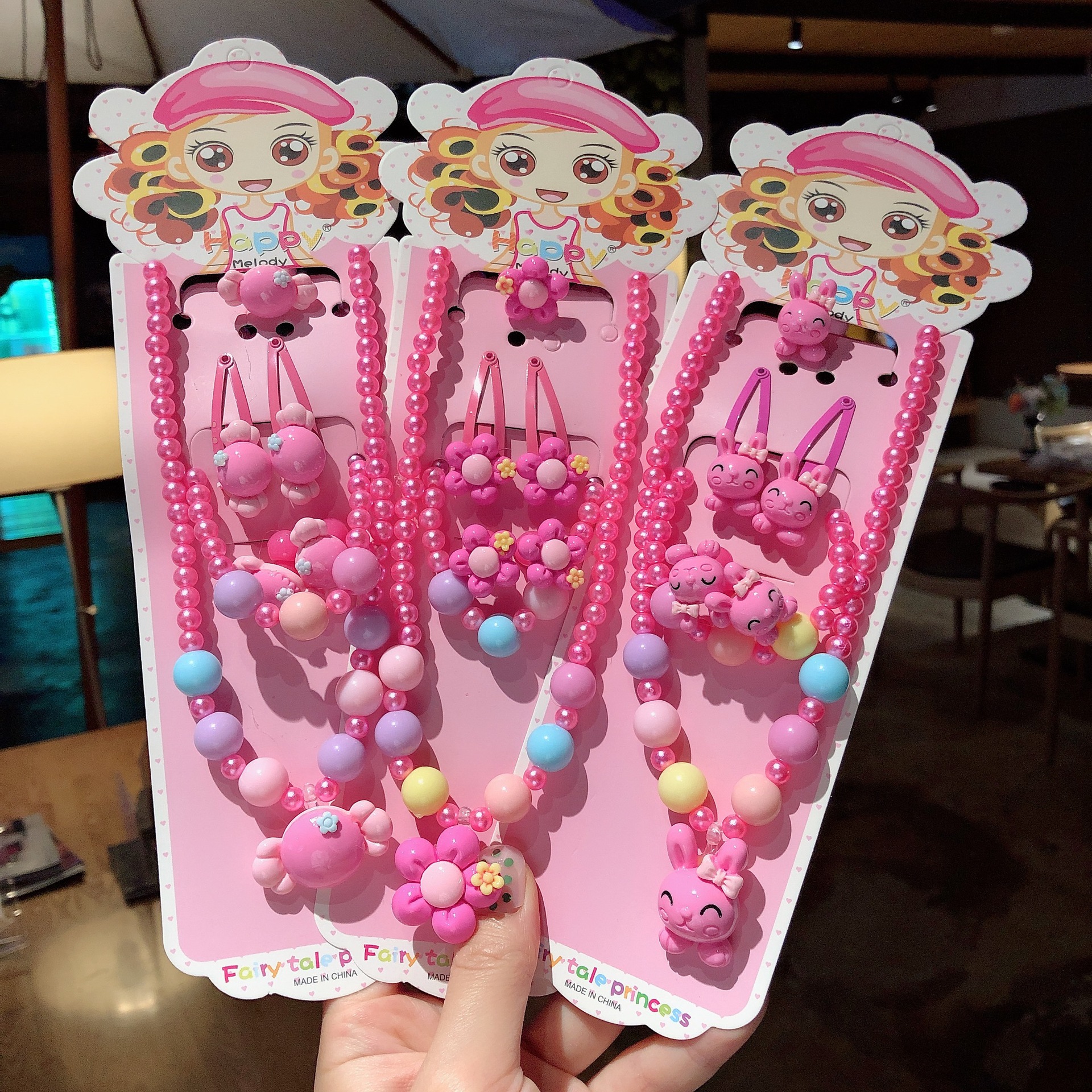 跨境新款儿童项链首饰套装炫彩串珠手链卡通发箍耳环公主女童配饰详情2