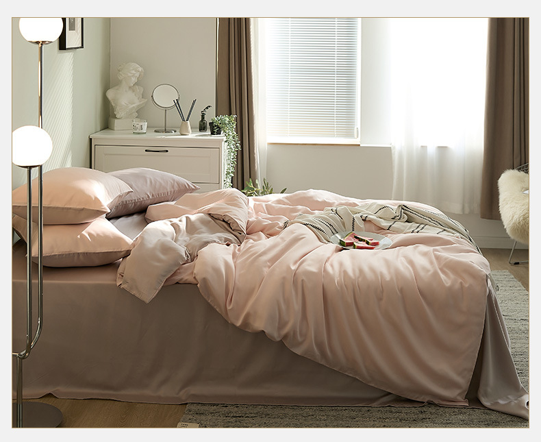 60S Solid color Tencel four-piece set, summer smooth quilt cover, Lyocell ice silk bed sheet, bed cover, bedding wholesale pic 29
