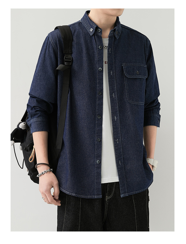 男装薄款牛仔长袖衬衫男2023春秋韩版潮流休闲纯色工装衬衣外套男详情12