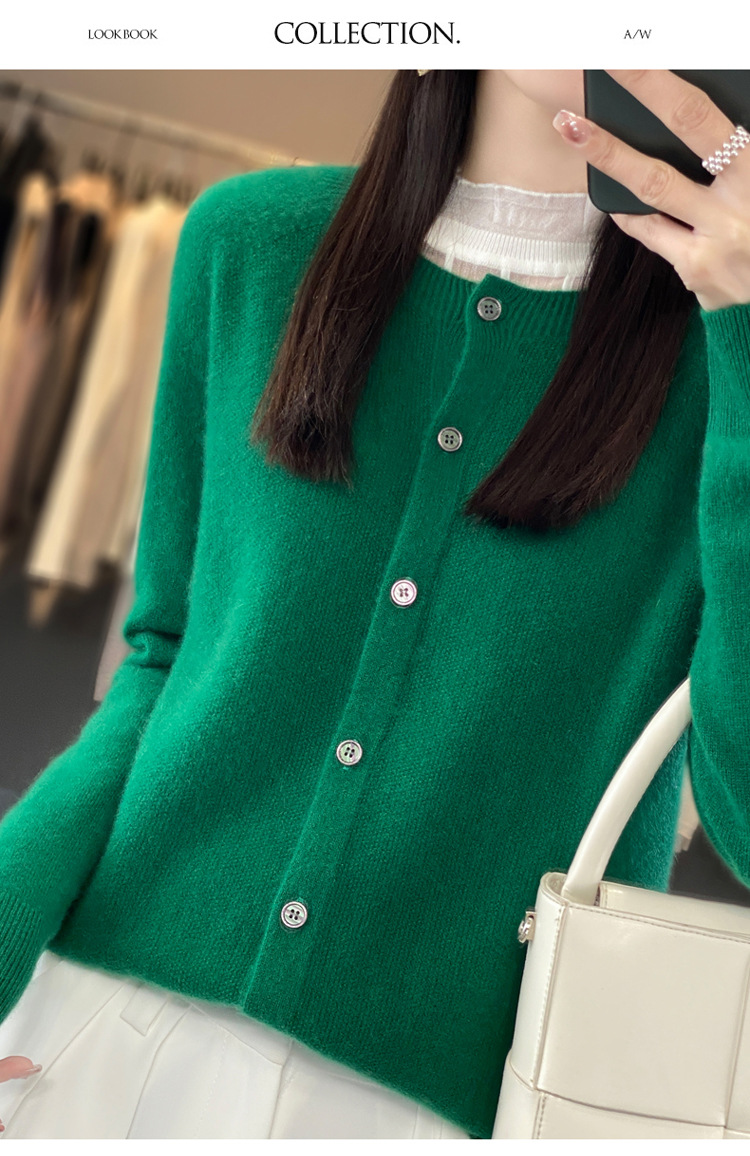 爆款批发秋冬季新款纯羊毛桂花针开衫宽松大码圆领羊毛衫详情21