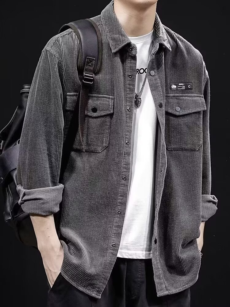 春秋新款男士灯芯绒衬衫 日系复古休闲百搭工装长袖上衣 外套搭配羽绒服保暖时尚详情31