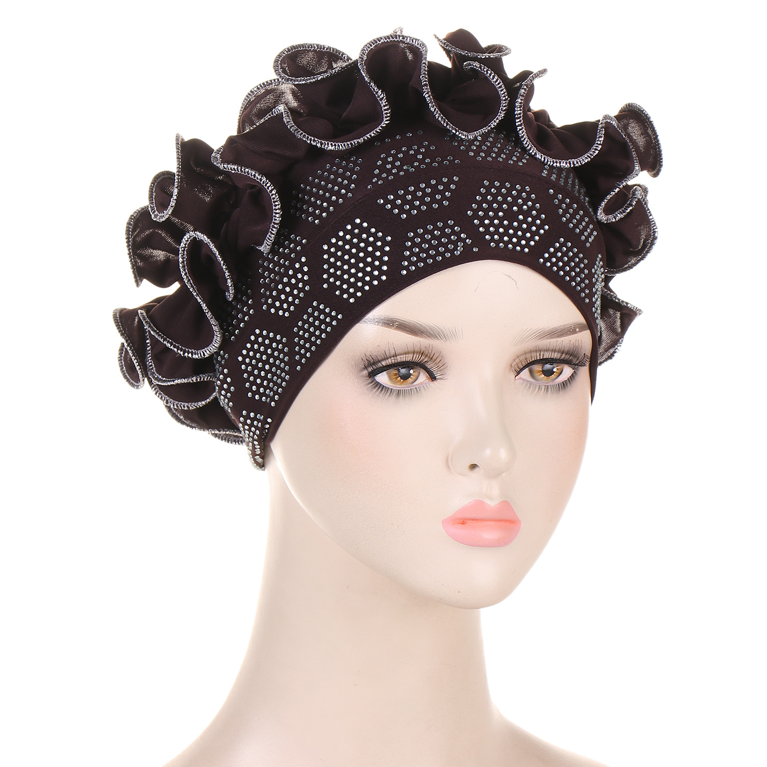 欧美 跨境新款纯色烫钻花边盘额头满帽钻头巾帽现货详情12