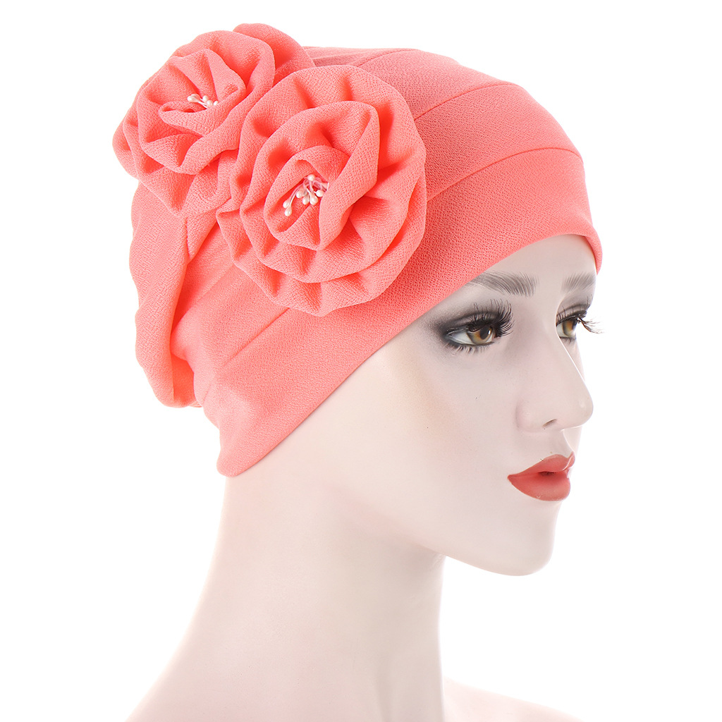 A new AliExpress style headscarf hat with two floral ribbons on the side and a flower core, a Muslim pullover hat pic 7