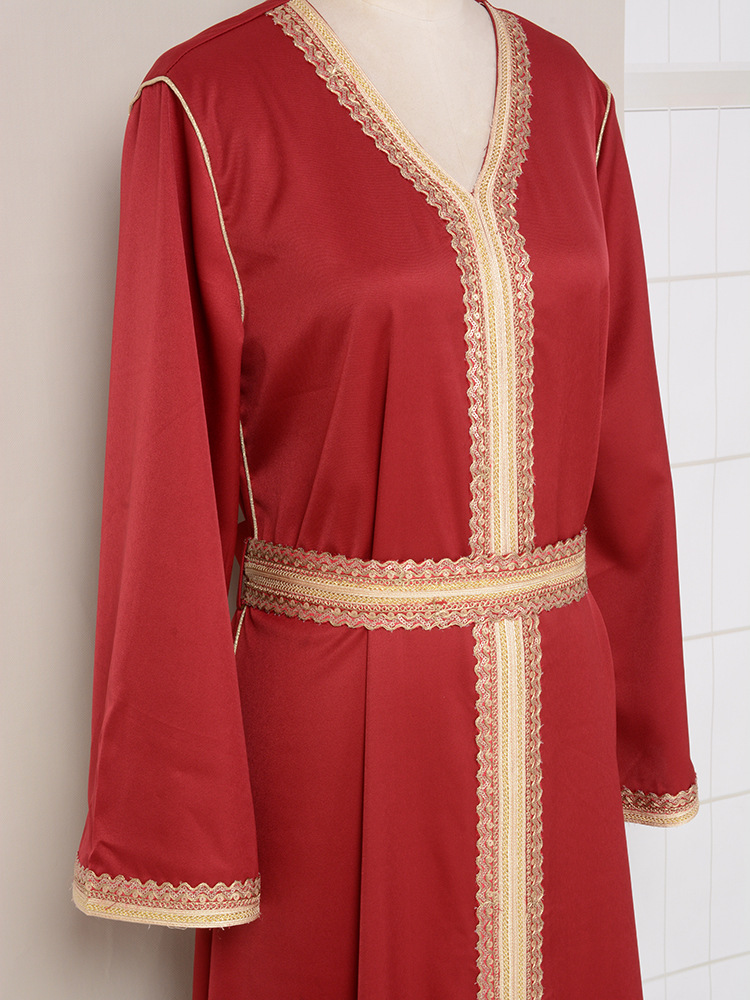 MT098中东外贸迪拜穆斯林长袍女装 刺绣金色珠片花边连衣裙 abaya详情38