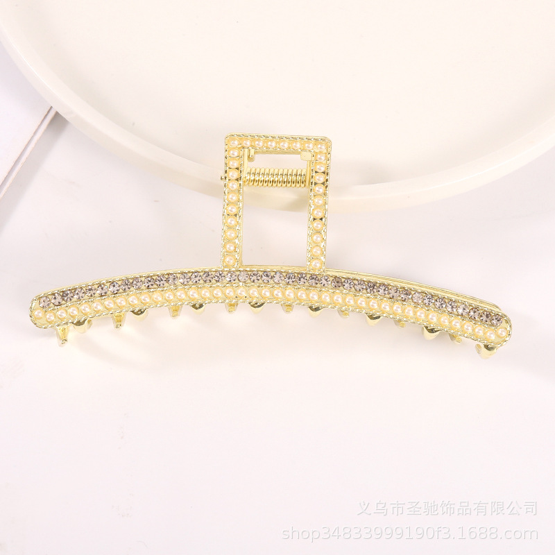 新款金属滴油珍珠水钻发夹流行简约女式发抓网红鲨鱼夹发卡大抓夹详情7