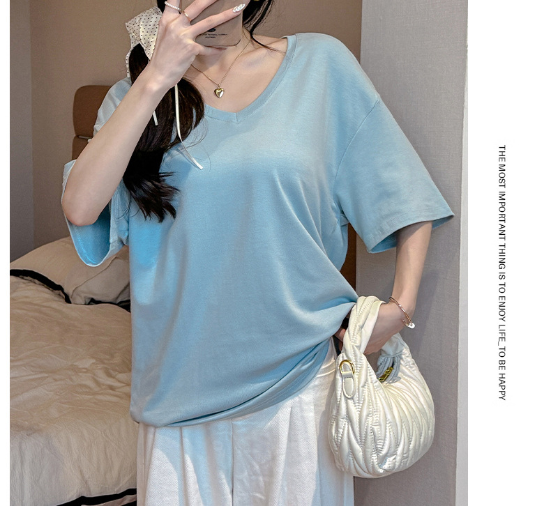现货欧货大版型宽松基础款短袖t恤女式夏季落肩2025V领上衣莫代尔详情24