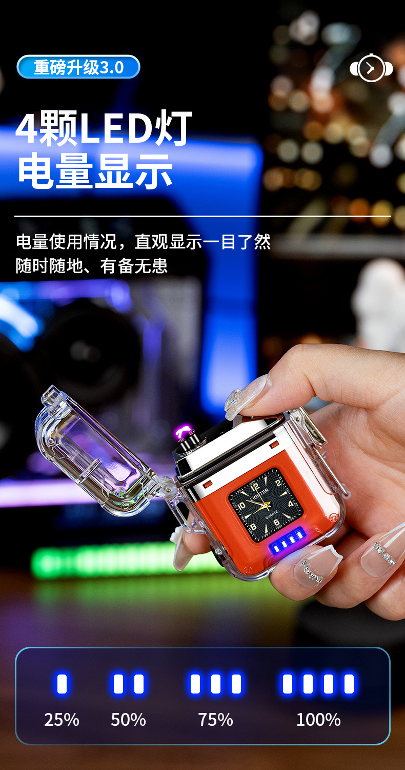 New dual-arc charging lighter, waterproof and windproof lighting lamp, USB quartz watch, Wenzhou transparent lighter pic 13