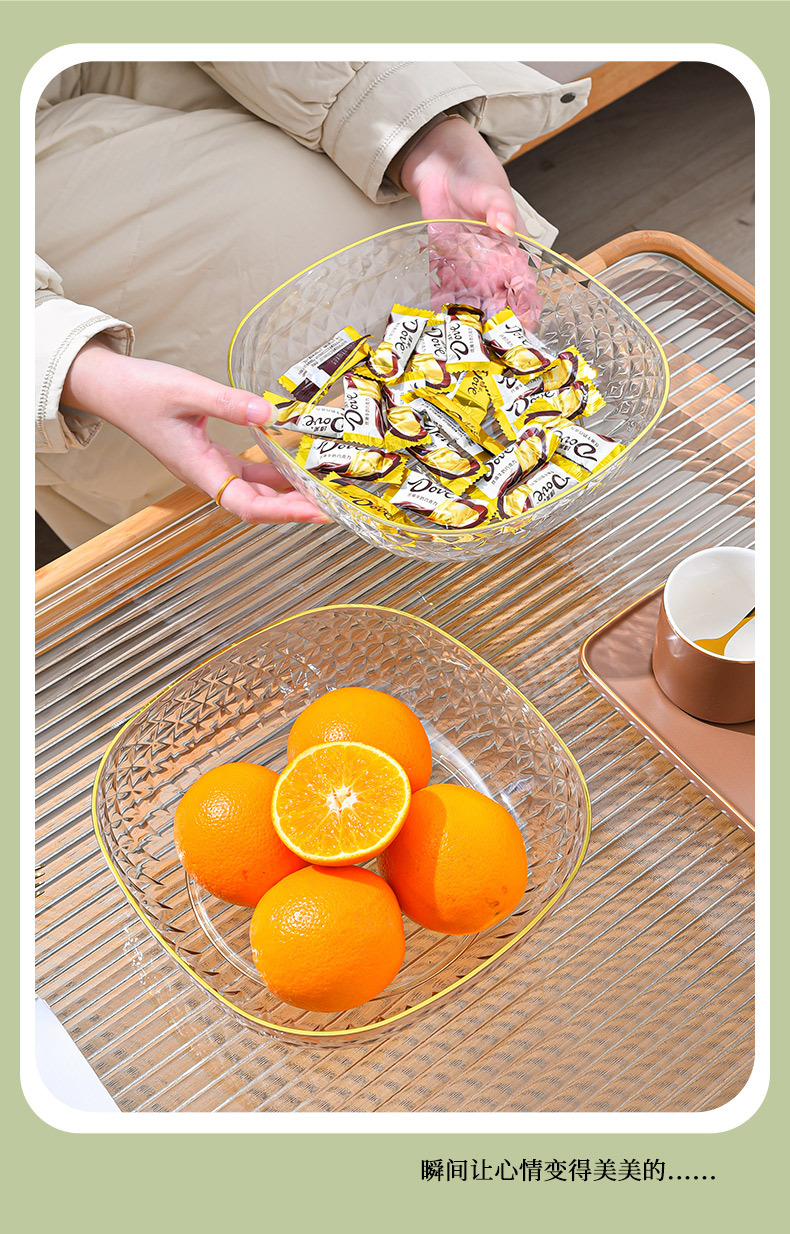 Light luxury style PET fruit plate, transparent round fruit plate, home living room snack and dried fruit plate, gold-rimmed storage plate pic 14