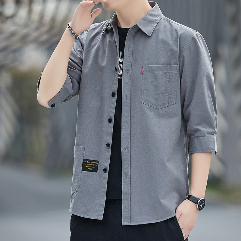  春季港风纯色工装衬衫男士七分袖帅气外套时尚休闲衬衣详情9