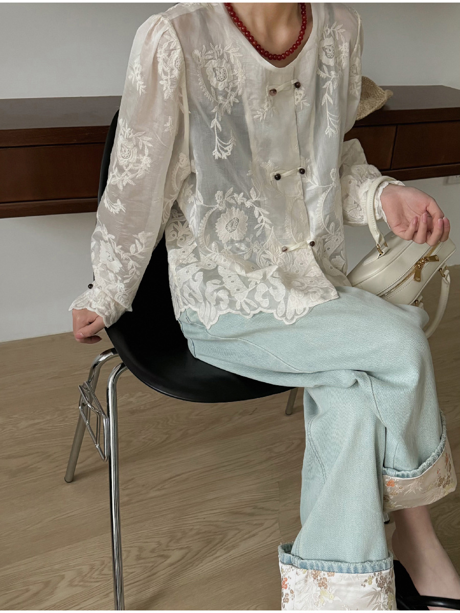 黎诺 新中式刺绣蕾丝衬衫女2024春夏新款设计感复古半透衬衣详情11