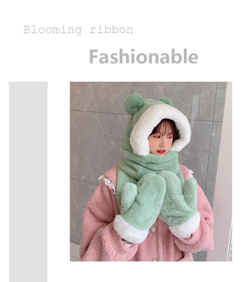 Warm hat for women, sweet and cute in autumn and winter. Winter cartoon scarf in one piece. Korean-style ear-protecting gloves in three pieces for winter pic 10