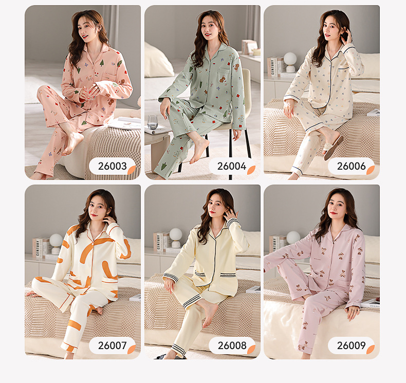 爆款长袖纯棉睡衣女春秋韩版甜美品质开衫学生全棉舒适家居服套装详情15