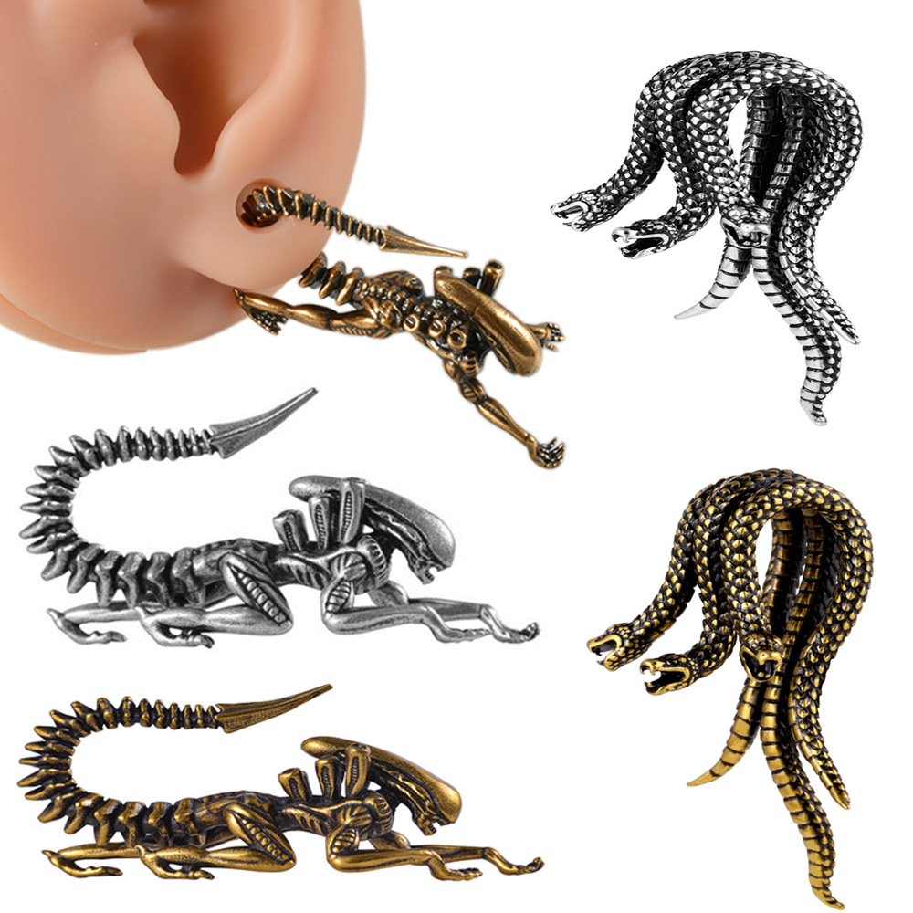 跨境朋克翼龙缠绕剑大尺寸耳廓 古金十字红钻耳垂耳挂铜穿刺饰品详情4