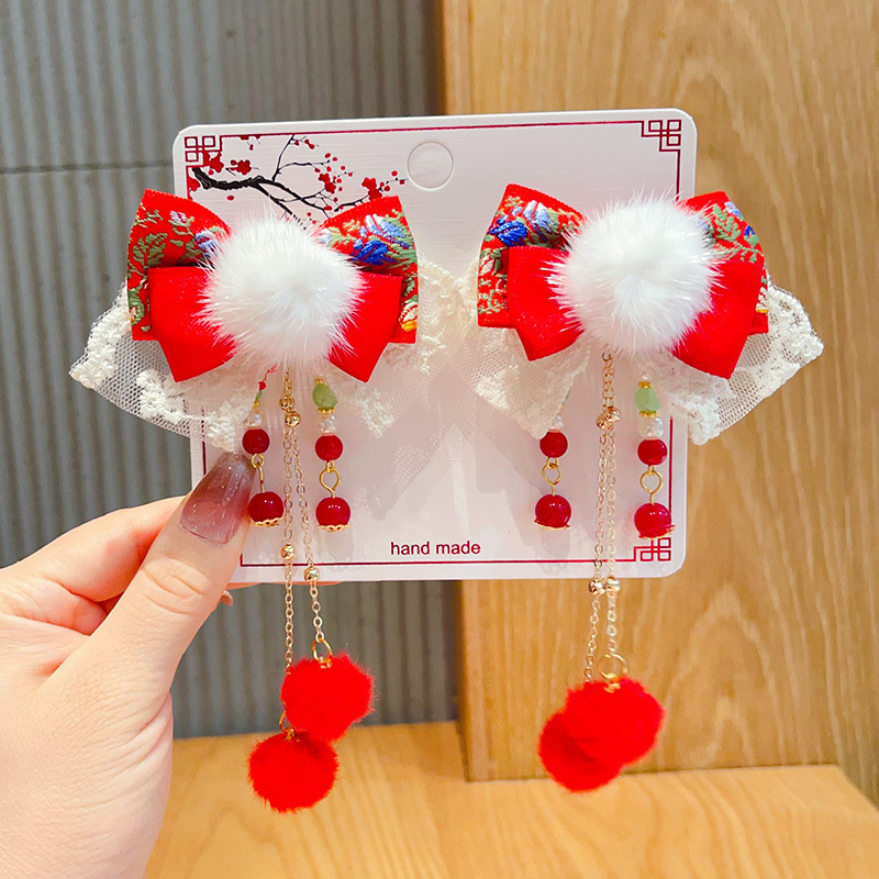 新年款红色古风流苏发夹儿童汉服发卡头饰女童复古蝴蝶结发夹发饰详情43