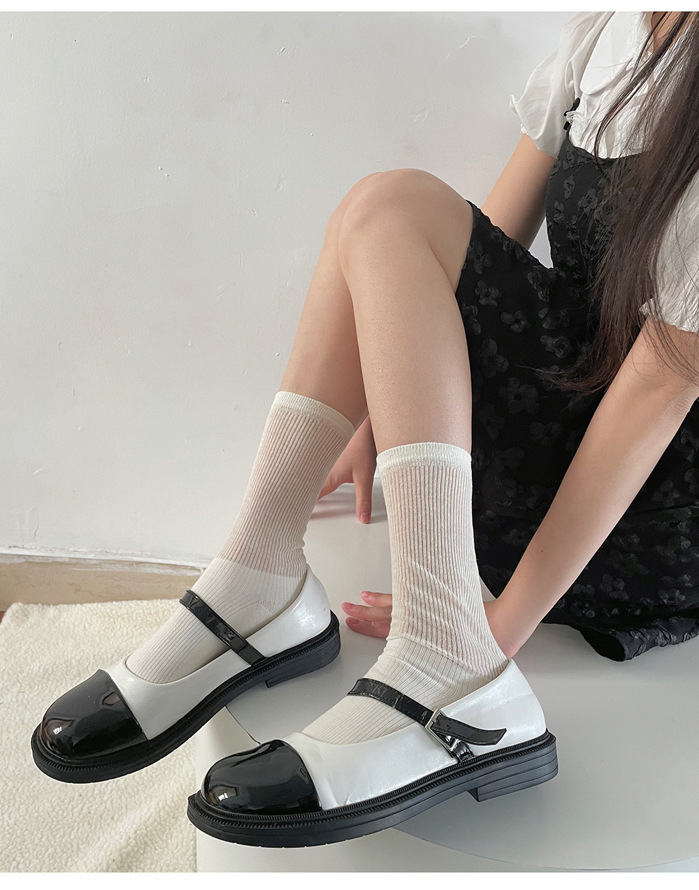 春夏款拼接针织堆堆袜女奶白色miu风ins潮袜走秀款薄透小腿袜子详情23