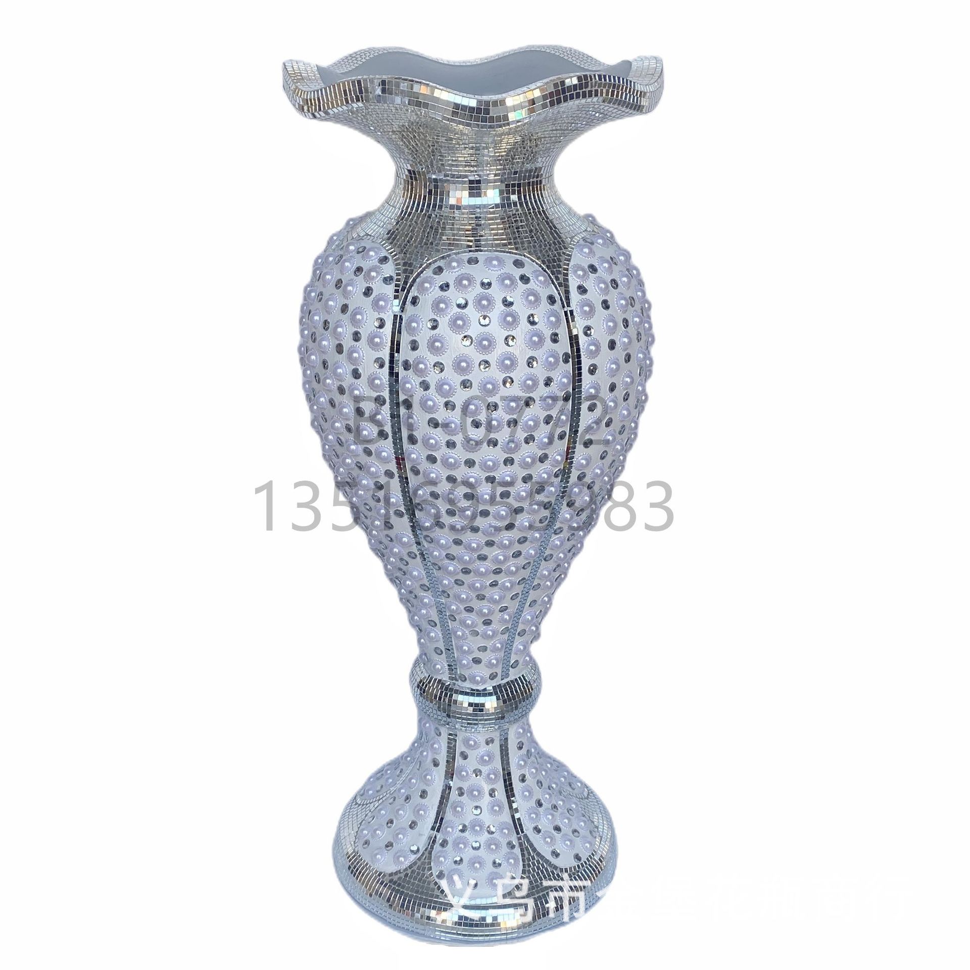 Golden Castle Vase, European-style simple vase with diamond bead glass lens, floor-standing vase, trumpet flower-shaped flower pot, living room, hotel, home, shopping mall, ceramic decoration pic 26