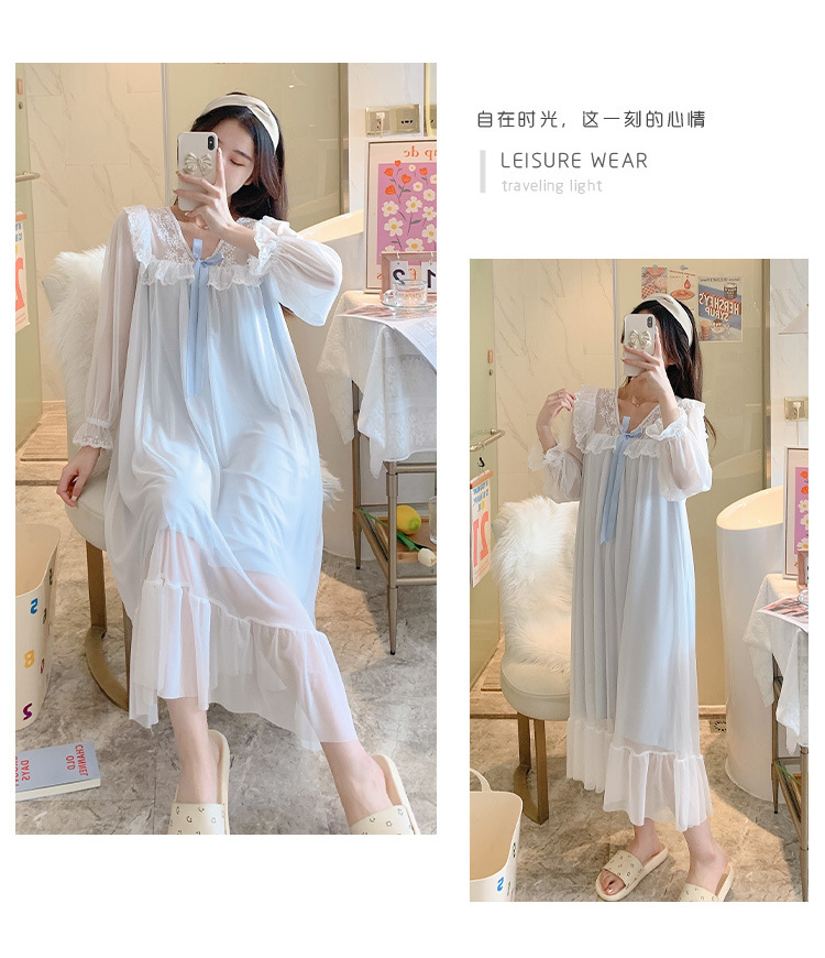 人气公主风睡裙女长袖网纱性感连衣裙长袖宫廷休闲纯棉睡衣睡裙秋详情9