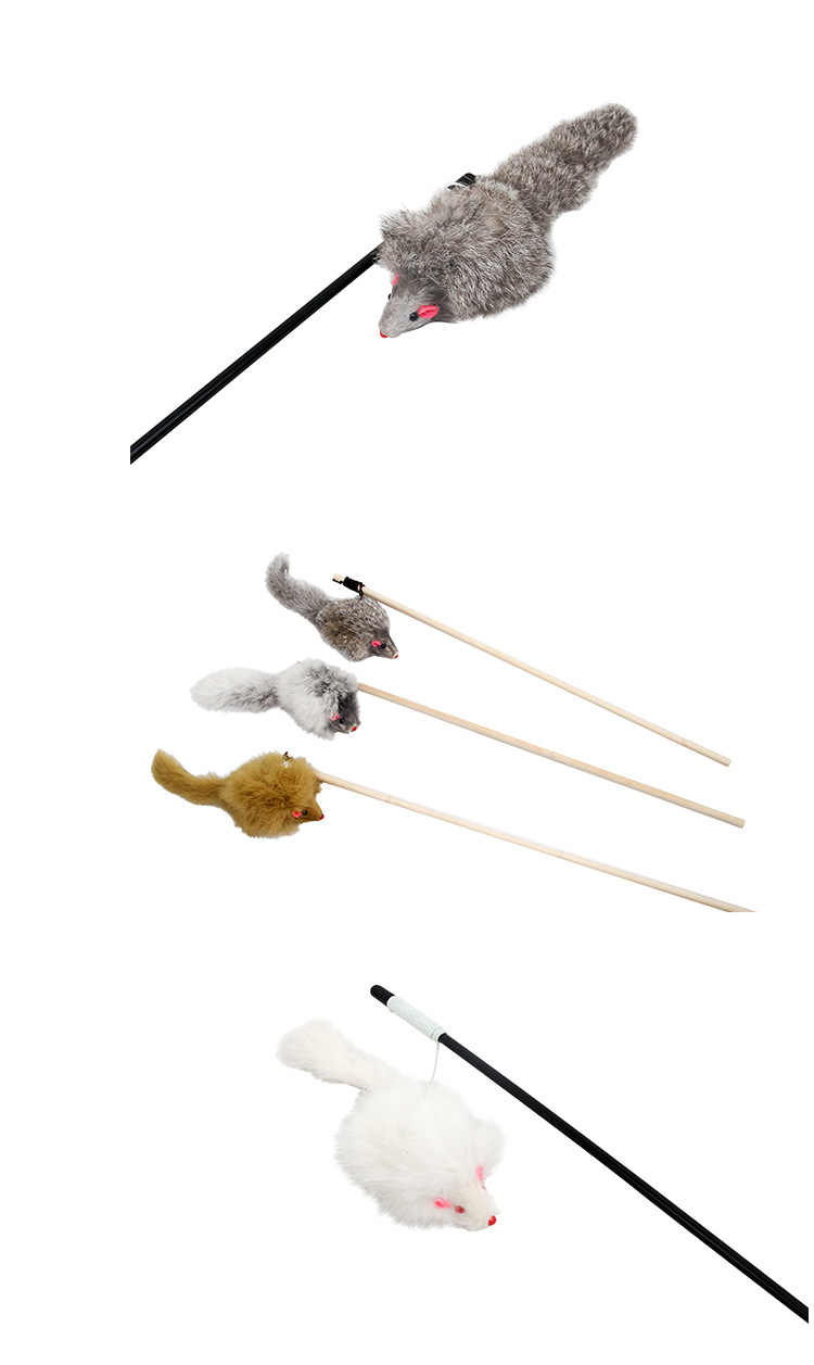 Palo de madera juguete interactivo para gatos juguetes divertidos para mascotas piel de conejo ratón juguete de gato rod fabricante al por mayor pic 50