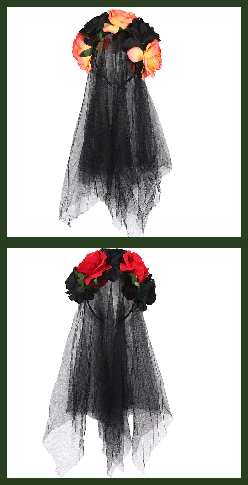 欧美风格万圣节派对专用暗黑女巫装扮发箍 红黑玫瑰花朵头纱亡灵节头扣 配饰围巾详情11